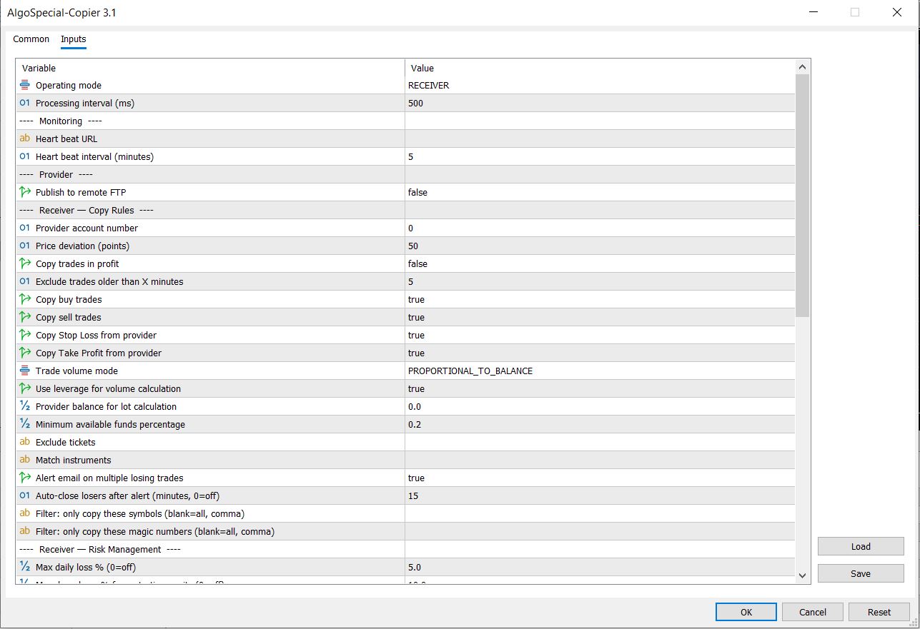 SAFE Trade Copier MT5 Input Parameters — All Configurable Settings