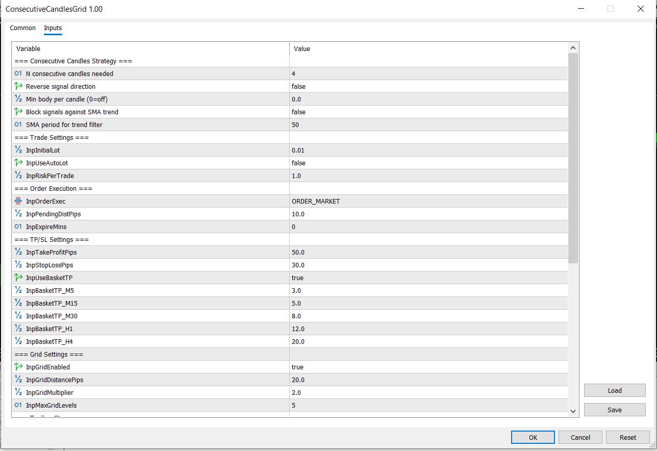 Consecutive Candles Grid EA Input Parameters in MT5 showing streak threshold, trade direction, grid step, lot size, and risk settings