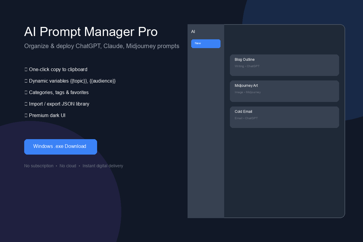 AI Prompt Manager Pro interface - prompt library cards with categories and tags