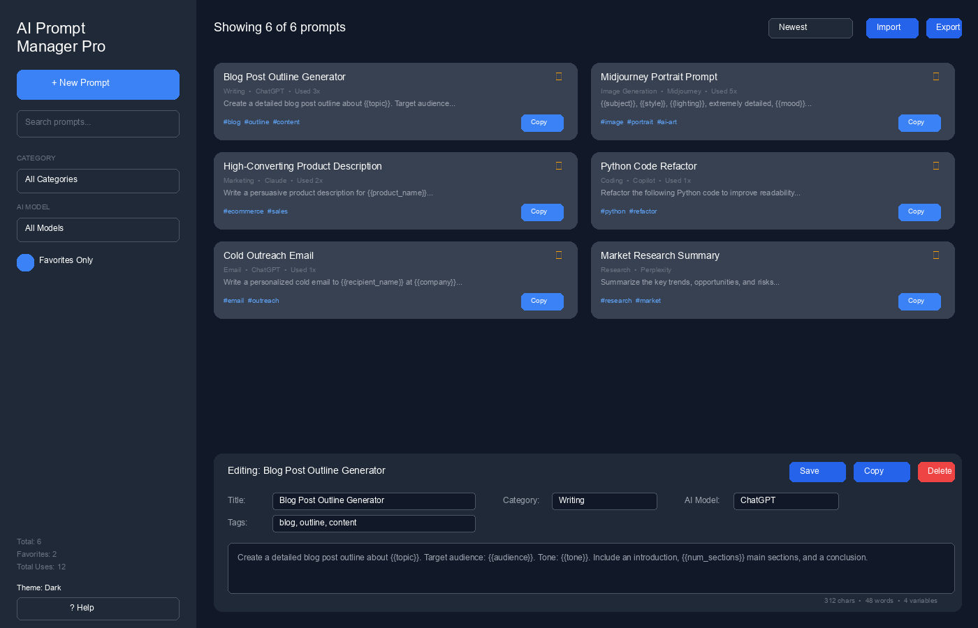AI Prompt Manager Pro prompt editor - title, category, AI model and tags with content stats