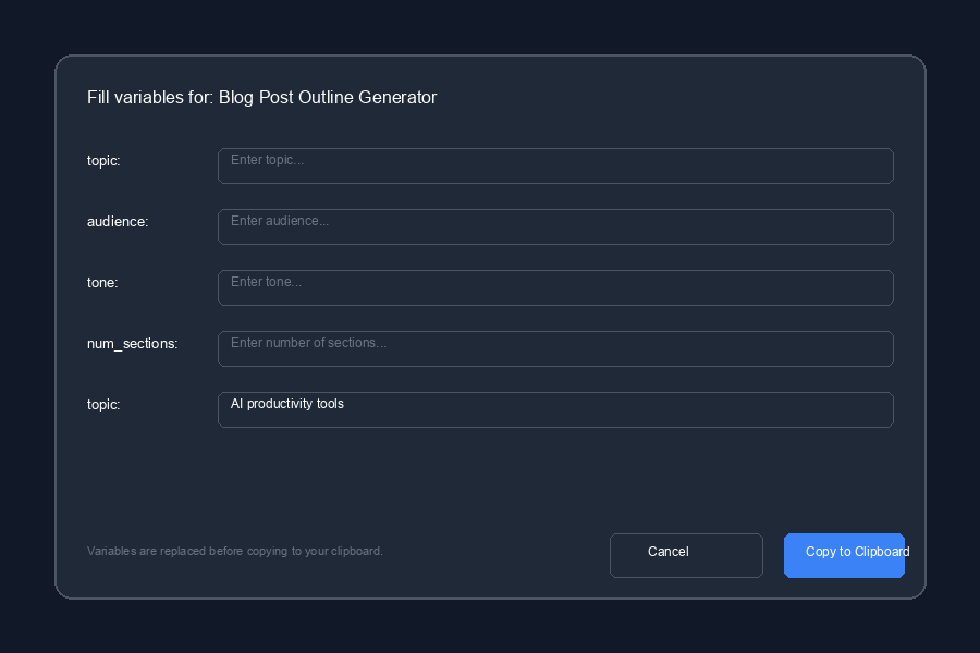AI Prompt Manager Pro variable fill dialog for {{variable}} prompt templates