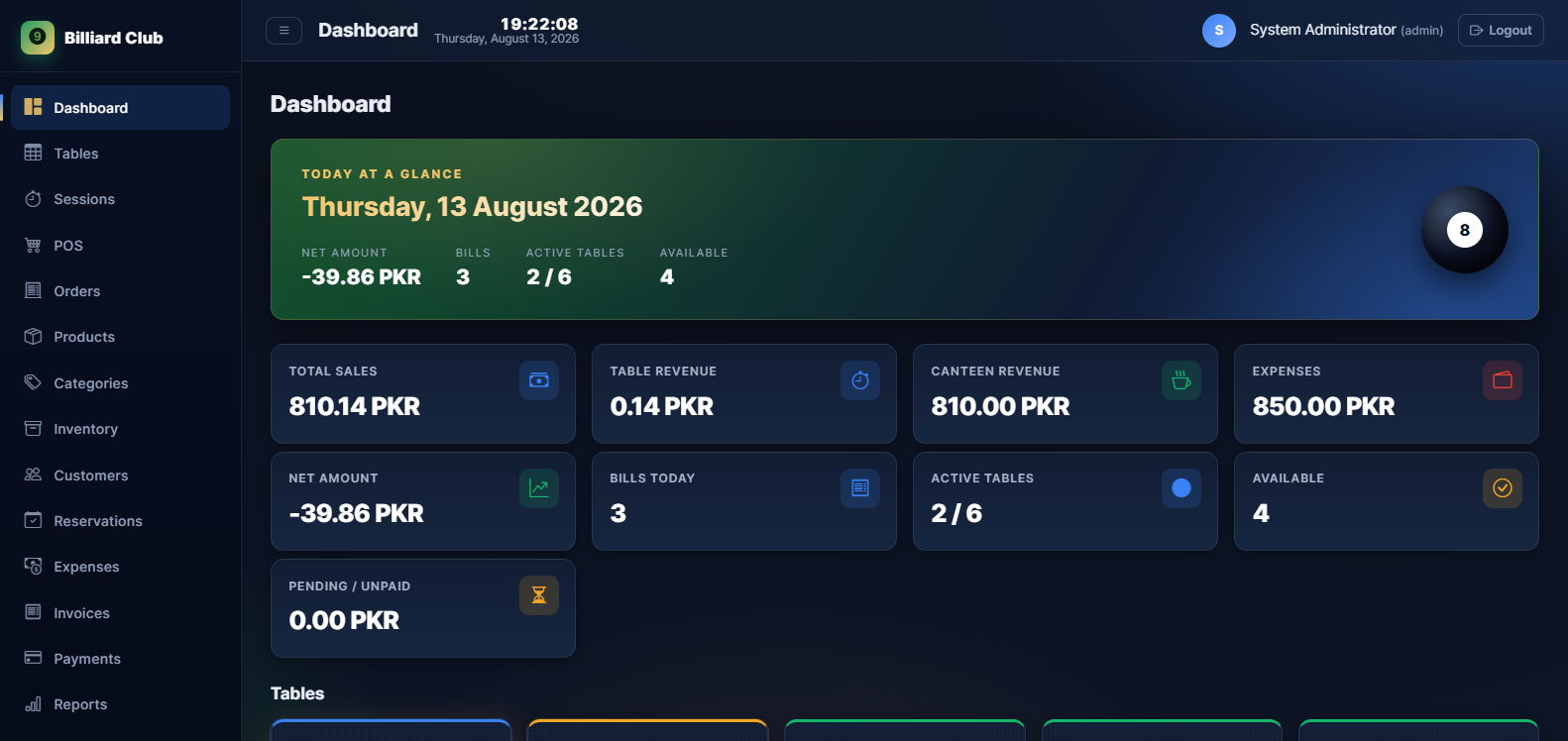 Billiard POS dashboard with revenue metrics, active sessions and table overview