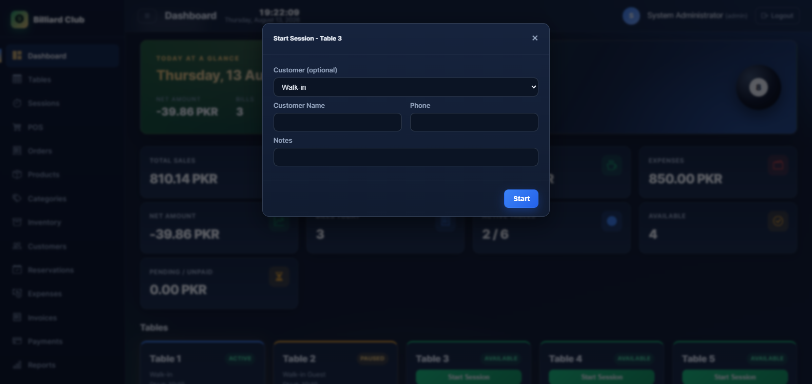 Start table session form with rate selection and billing method