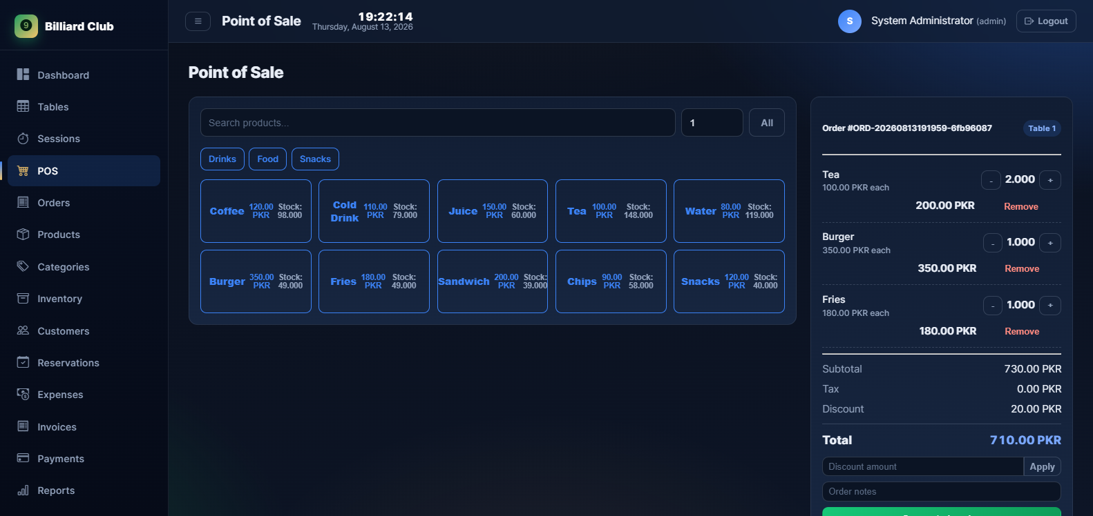 Canteen POS interface with product grid