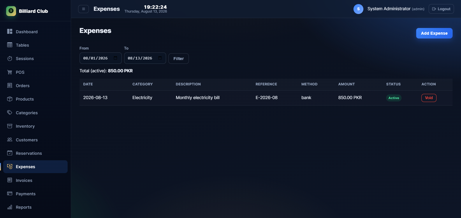 Club expenses tracking