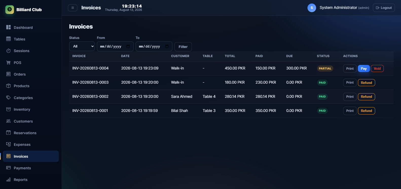 Invoice list with daily sequential numbers
