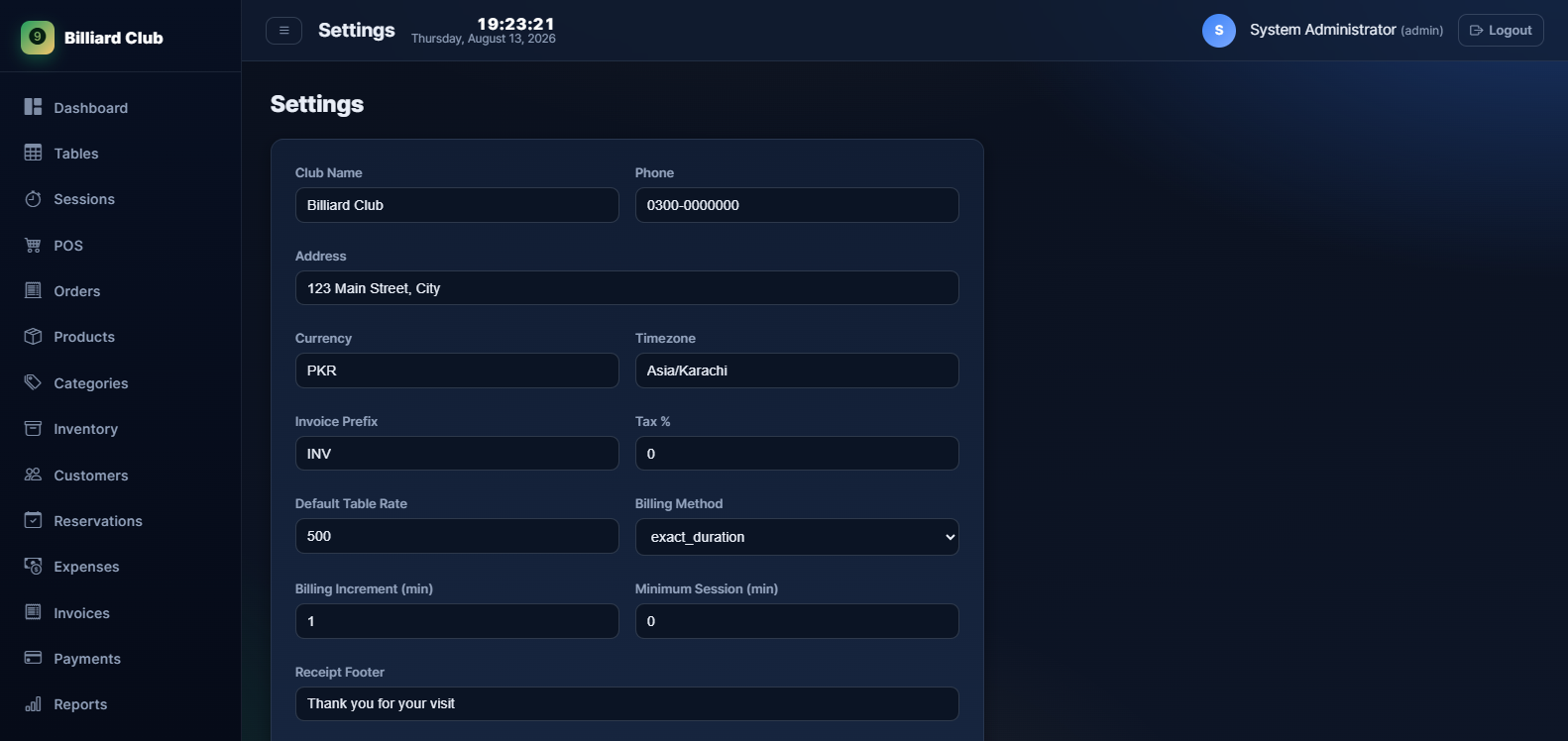System settings panel