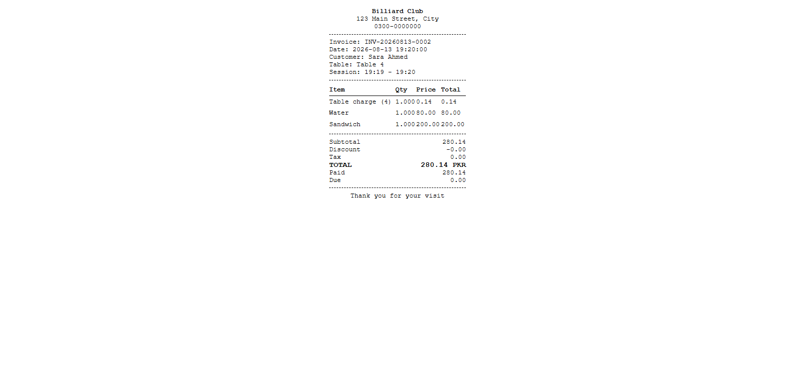Printed receipt with table charge breakdown