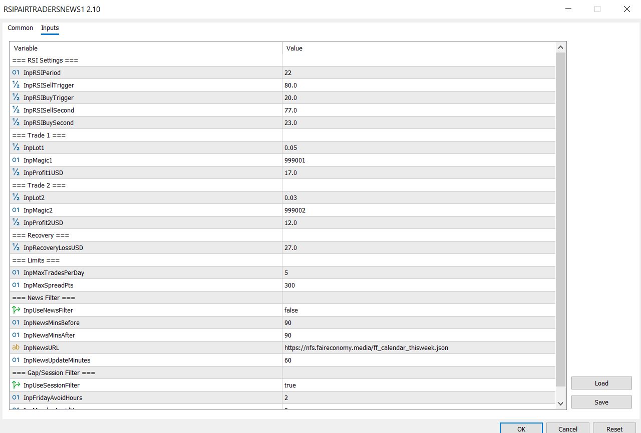 RSI Pair Trader EA Input Parameters