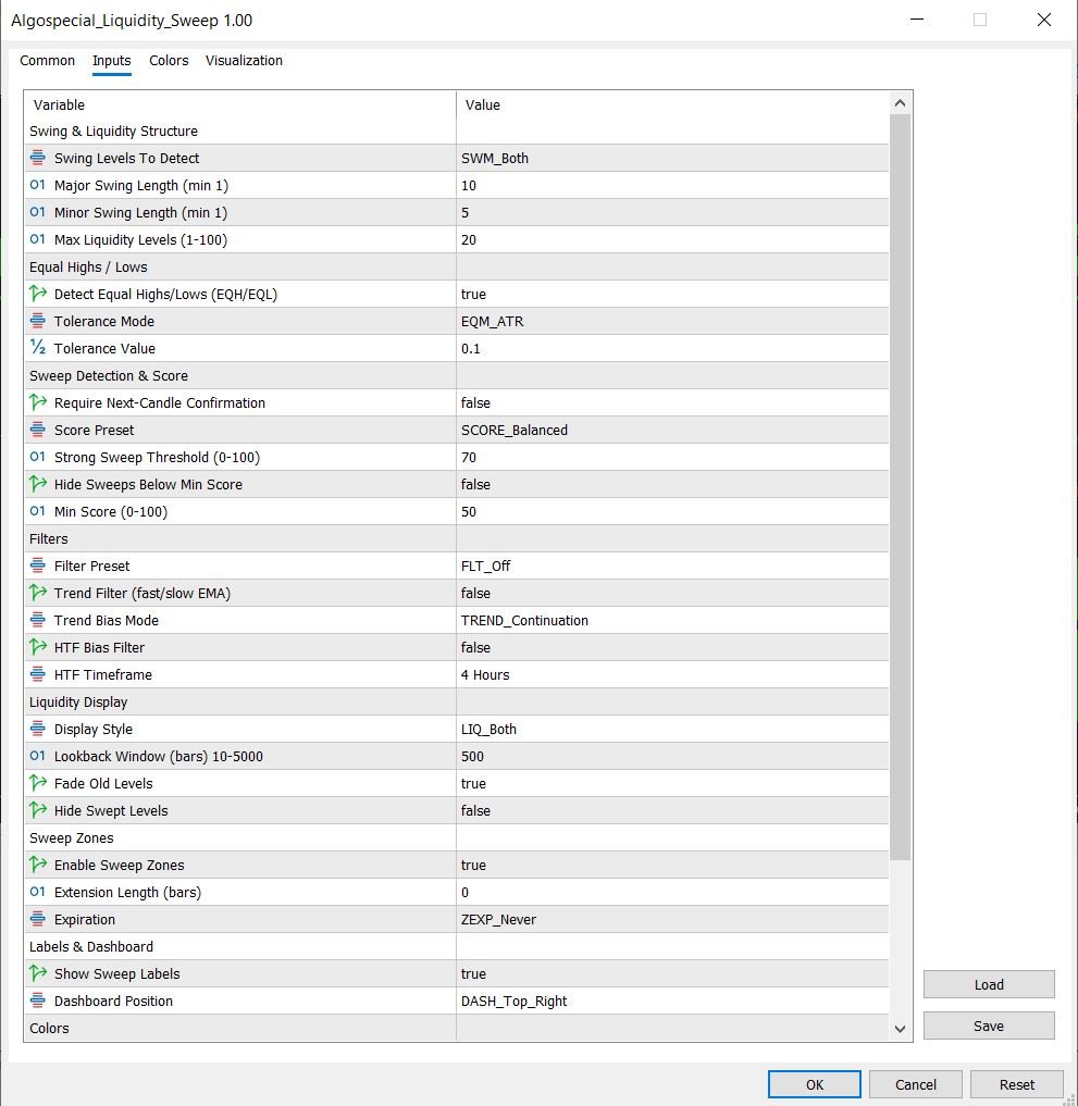 Algospecial Liquidity Sweep MT5 input parameters panel showing Swing & Liquidity Structure, Equal Highs/Lows, Sweep Detection & Score, Filters, Liquidity Display, Sweep Zones, Labels & Dashboard and Colors groups