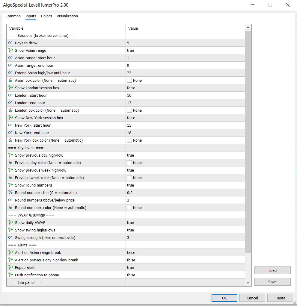 AlgoSpecial LevelHunterPro input parameters