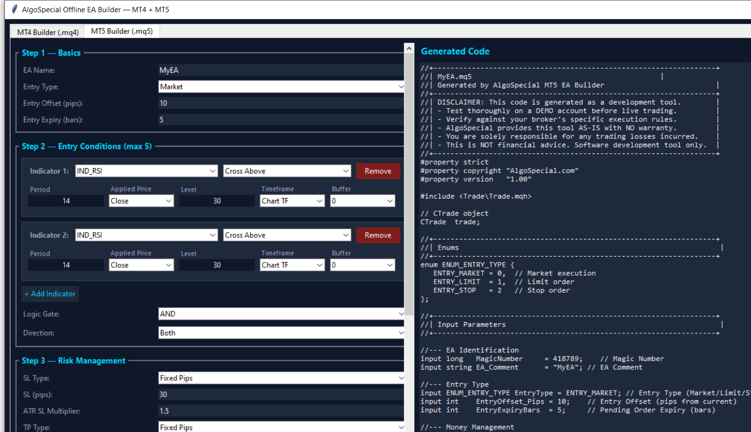 AlgoSpecial Offline EA Builder showing generated MQL5 source code in the built-in code preview with compile button