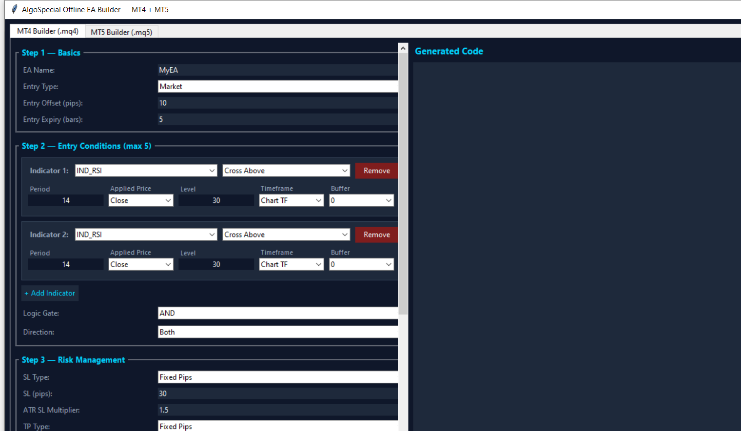 AlgoSpecial Offline EA Builder main window showing the MT4 builder tab with indicator cards, entry conditions and risk management sections