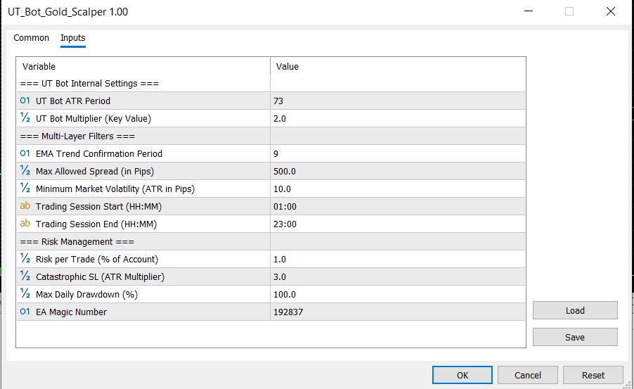 UT Bot Gold Scalper EA Input Parameters